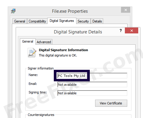 Screenshot of the PC Tools Pty Ltd certificate